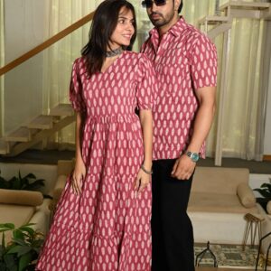 Couple Matching Pink Cotton Anarkali Midi Dress and Shirt Set ? White Handblock Leaf Print