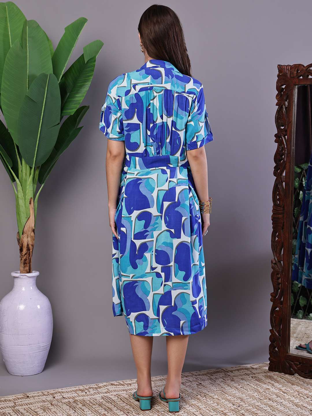 Women's Blue Abstract Print Cotton Shirt Dress - Image 2